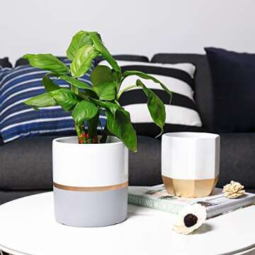 POTEY 052301 Ceramic Planter Flowerpots - 6.1 inch + 5 inch White Grey Golden Decorative Detailing Plant Pot Containers for Aloe Plants Flower Modern Indoor Home Decor (Plants NOT Included)