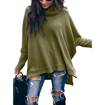 ANRABESS Women's Oversized Turtleneck Batwing Long Sleeve Waffle Knit Tunic Sweater Top 2024 Fall Trendy Pullover Shirts Army Green Large