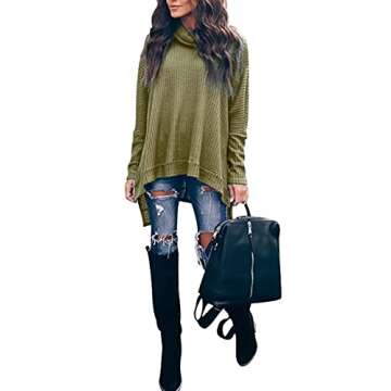 ANRABESS Women's Oversized Turtleneck Batwing Long Sleeve Waffle Knit Tunic Sweater Top 2024 Fall Trendy Pullover Shirts Army Green Large