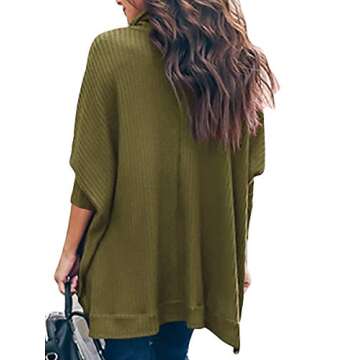 ANRABESS Women's Oversized Turtleneck Batwing Long Sleeve Waffle Knit Tunic Sweater Top 2024 Fall Trendy Pullover Shirts Army Green Large