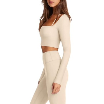 LASLULU Active Long Sleeve Workout Tops for Women Sexy Ribbed Crop Tops Cropped T Shirts Exercise Gym Shirts Y2k with Built in Bra(Beige X-Large)