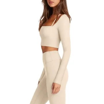 LASLULU Active Long Sleeve Workout Tops for Women Sexy Ribbed Crop Tops Cropped T Shirts Exercise Gym Shirts Y2k with Built in Bra(Beige X-Large)