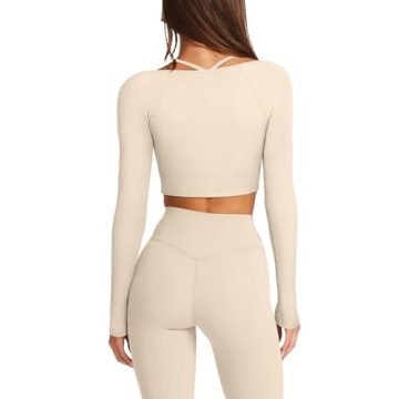 LASLULU Active Long Sleeve Workout Tops for Women Sexy Ribbed Crop Tops Cropped T Shirts Exercise Gym Shirts Y2k with Built in Bra(Beige X-Large)
