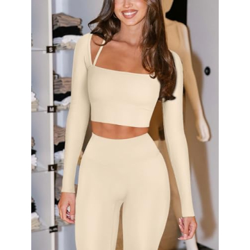LASLULU Active Long Sleeve Workout Tops for Women Sexy Ribbed Crop Tops Cropped T Shirts Exercise Gym Shirts Y2k with Built in Bra(Beige X-Large)