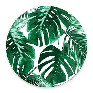 Tropical Leaf Mousepad - Mat - Beautiful Design - Leaves Green with White Background - Round Mouse pad