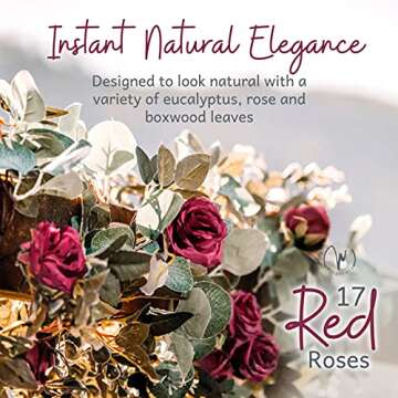 WILDIVORY Eucalyptus Garland with Flowers - 17 Red Roses - Lush, Natural Looking Eucalyptus and Flower Garland Decor, Floral Garland Greenery for Wedding Table Decor with Abundant Vines, Rose Leaves