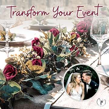 WILDIVORY Eucalyptus Garland with Flowers - 17 Red Roses - Lush, Natural Looking Eucalyptus and Flower Garland Decor, Floral Garland Greenery for Wedding Table Decor with Abundant Vines, Rose Leaves