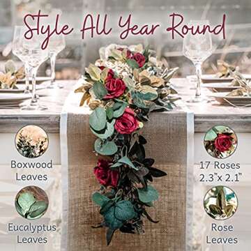 WILDIVORY Eucalyptus Garland with Flowers - 17 Red Roses - Lush, Natural Looking Eucalyptus and Flower Garland Decor, Floral Garland Greenery for Wedding Table Decor with Abundant Vines, Rose Leaves