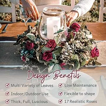 WILDIVORY Eucalyptus Garland with Flowers - 17 Red Roses - Lush, Natural Looking Eucalyptus and Flower Garland Decor, Floral Garland Greenery for Wedding Table Decor with Abundant Vines, Rose Leaves