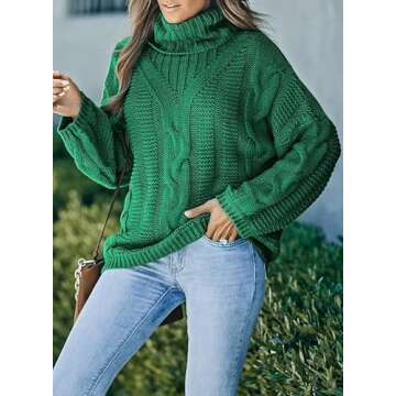 Dokotoo Womens Plus Size Sweaters 2024 Winter Fall Loose Cozy Solid Turtleneck Cowl Neck Long Sleeve Oversized Cable Knit Long Tunic Chunky Sweaters Pullover Outerwear Green S