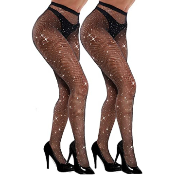 VEBZIN 2 Pack Sparkly Black Fishnet Tights with Rhinestones