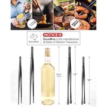 2 Pcs 12-inch Cooking Tweezers Tongs Precision Serrated Tips, Stainless Steel Professional Chef Tweezer Kitchen Tools for BBQ, Plating and Serving (Black)