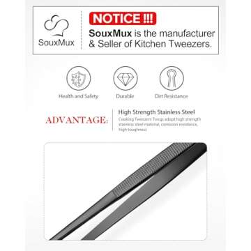 2 Pcs 12-inch Cooking Tweezers Tongs Precision Serrated Tips, Stainless Steel Professional Chef Tweezer Kitchen Tools for BBQ, Plating and Serving (Black)