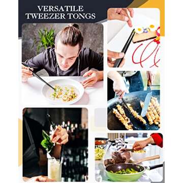 2 Pcs 12-inch Cooking Tweezers Tongs Precision Serrated Tips, Stainless Steel Professional Chef Tweezer Kitchen Tools for BBQ, Plating and Serving (Black)