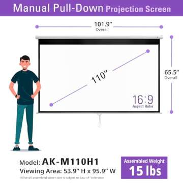 Akia Screens 110 inch Pull Down Projector Screen Manual B 16:9 8K 4K HD 3D Ceiling Wall Mount White Portable Projection Screen Retractable Auto Locking for Indoor Movie Home Theater Office AK-M110H1