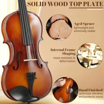 Kmise Violin 4/4 Full Set, High Density Ebony Violins, Glossy Acoustic Fiddle for Adults, Beginners, Students with Violin Case, Rosin, Strings, Bow, Shoulder Rest, Beginner's Guide (Ebony, 4/4)