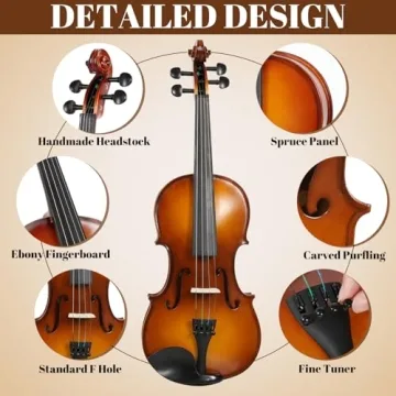 Kmise Violin 4/4 Full Set, High Density Ebony Violins, Glossy Acoustic Fiddle for Adults, Beginners, Students with Violin Case, Rosin, Strings, Bow, Shoulder Rest, Beginner's Guide (Ebony, 4/4)