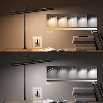 MIPAWS LED Desk Lamp 12W 600lm Workbench Lights Adjustable Goose-Neck Clamp Lamp with 5 Color Modes, Stepless Dimming Touch-Control Eye-Care Architect Drafting Lamps for Home Office Studio Working