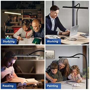 MIPAWS LED Desk Lamp 12W 600lm Workbench Lights Adjustable Goose-Neck Clamp Lamp with 5 Color Modes, Stepless Dimming Touch-Control Eye-Care Architect Drafting Lamps for Home Office Studio Working