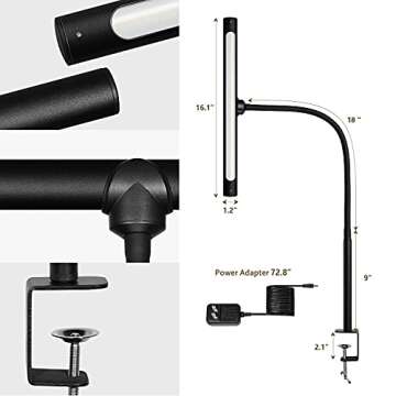 MIPAWS LED Desk Lamp 12W 600lm Workbench Lights Adjustable Goose-Neck Clamp Lamp with 5 Color Modes, Stepless Dimming Touch-Control Eye-Care Architect Drafting Lamps for Home Office Studio Working