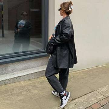 ABYOVRT Women Leather Jacket Oversized Faux Leather Blazer Button Down Lapel Coat with Pockets Vintage Streetwear (Black,Large)