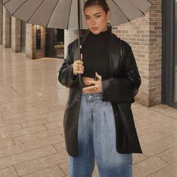 ABYOVRT Women Leather Jacket Oversized Faux Leather Blazer Button Down Lapel Coat with Pockets Vintage Streetwear (Black,Large)