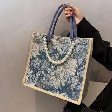 Caousino Canvas Tote Bags for Women, Reusable Large-capacity Bag Shopping Girl Fashion Print Shoulder Purse with Pearl Decoration - Washable, Foldable Handbag, Blue