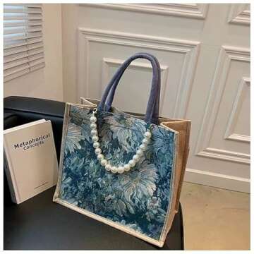 Caousino Canvas Tote Bags for Women, Reusable Large-capacity Bag Shopping Girl Fashion Print Shoulder Purse with Pearl Decoration - Washable, Foldable Handbag, Blue