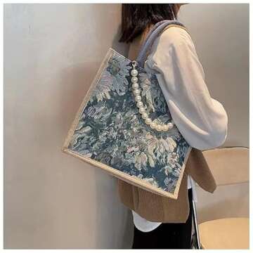 Caousino Canvas Tote Bags for Women, Reusable Large-capacity Bag Shopping Girl Fashion Print Shoulder Purse with Pearl Decoration - Washable, Foldable Handbag, Blue
