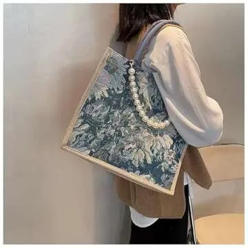 Caousino Canvas Tote Bags for Women, Reusable Large-capacity Bag Shopping Girl Fashion Print Shoulder Purse with Pearl Decoration - Washable, Foldable Handbag, Blue