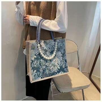 Caousino Canvas Tote Bags for Women, Reusable Large-capacity Bag Shopping Girl Fashion Print Shoulder Purse with Pearl Decoration - Washable, Foldable Handbag, Blue