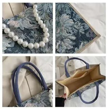 Caousino Canvas Tote Bags for Women, Reusable Large-capacity Bag Shopping Girl Fashion Print Shoulder Purse with Pearl Decoration - Washable, Foldable Handbag, Blue