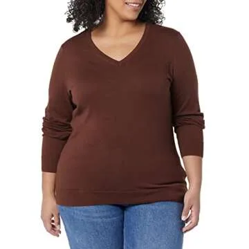 Amazon Essentials Women's Classic-Fit Lightweight Long-Sleeve V-Neck Sweater (Available in Plus Size), Toffee Brown, Medium