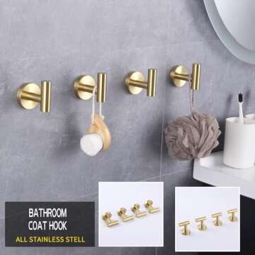 GERZWY SUS 304 Stainless Steel Bath Coat Hook Towel/Robe Clothes Hook for Bathroom Kitchen Modern Hotel Style Wall Mounted Brushed PVD Zirconium Gold 4 Pack AG1307B-BZ