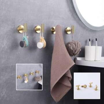 GERZWY SUS 304 Stainless Steel Bath Coat Hook Towel/Robe Clothes Hook for Bathroom Kitchen Modern Hotel Style Wall Mounted Brushed PVD Zirconium Gold 4 Pack AG1307B-BZ