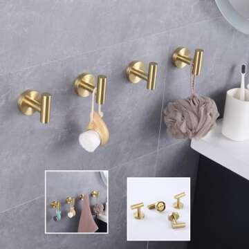 GERZWY SUS 304 Stainless Steel Bath Coat Hook Towel/Robe Clothes Hook for Bathroom Kitchen Modern Hotel Style Wall Mounted Brushed PVD Zirconium Gold 4 Pack AG1307B-BZ
