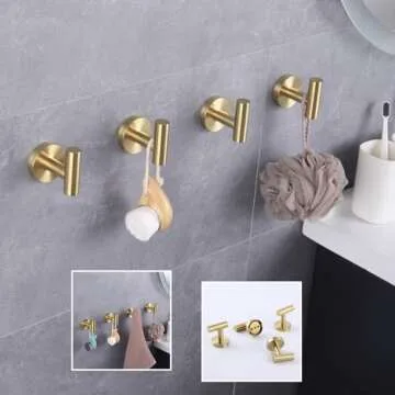 GERZWY SUS 304 Stainless Steel Bath Coat Hook Towel/Robe Clothes Hook for Bathroom Kitchen Modern Hotel Style Wall Mounted Brushed PVD Zirconium Gold 4 Pack AG1307B-BZ