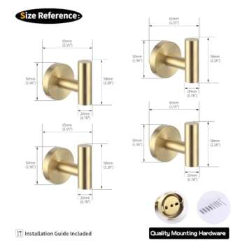 GERZWY SUS 304 Stainless Steel Bath Coat Hook Towel/Robe Clothes Hook for Bathroom Kitchen Modern Hotel Style Wall Mounted Brushed PVD Zirconium Gold 4 Pack AG1307B-BZ