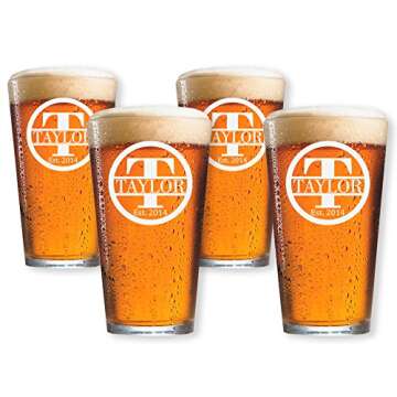 Personalized Beer Glass Set of 4 - Custom Engraved Drinking Pint Glasses - Great Gifts for Men, Wome...