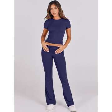 Stylish ANRABESS Women's Lounge Set - Navy Blue Yoga Flare Pants & Crop Top Comfortable Matching Tra...