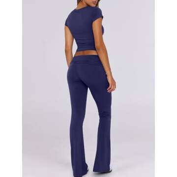 ANRABESS Women's Lounge Set Navy Blue Yoga Flare Pants and Top