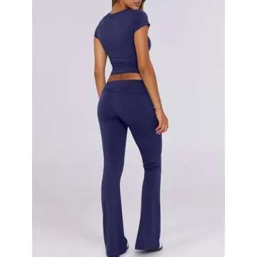 ANRABESS Women's Lounge Set Navy Blue Yoga Flare Pants and Top