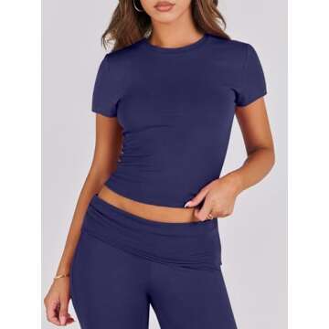 ANRABESS Women's Lounge Set Navy Blue Yoga Flare Pants and Top