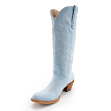 KaroNairy Women Cowboy Boots - Faux Suede Embroidered Pointed Heeled Wide Calf Boots
