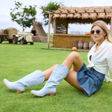 Stylish KaroNairy Women’s Cowboy Boots Sky Blue for Comfort