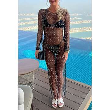 Cecobora Women's Sheer Mesh Rhinestone Swimsuit Pearl Cover Up Beach Swimwear Sarong Tie Side Wrap B...