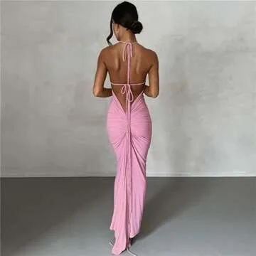Spaghetti Strap Backless Maxi Dress for Women Y2k Lace Up Hollwo Out Sleeveless Floral Bodycon Long Dress Club Cocktail Sundress