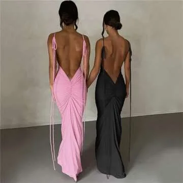 Spaghetti Strap Backless Maxi Dress for Women Y2k Lace Up Hollwo Out Sleeveless Floral Bodycon Long Dress Club Cocktail Sundress