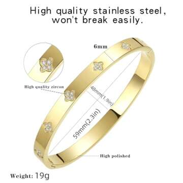 BOLAGTIER Gold Bangle Bracelets for Women Four Leaf Clover Lucky Love Cubic Zirconia Bracelet (Clover Gold-Small)
