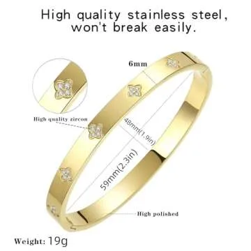 BOLAGTIER Gold Bangle Bracelets for Women Four Leaf Clover Lucky Love Cubic Zirconia Bracelet (Clover Gold-Small)